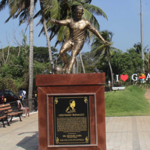 a newly installed statue of Portuguese footballer Cristiano Ronaldo in Goa