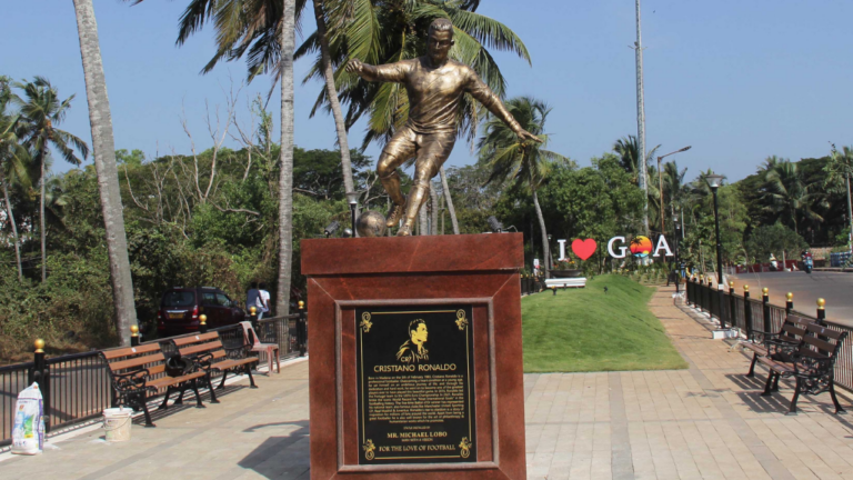 a newly installed statue of Portuguese footballer Cristiano Ronaldo in Goa