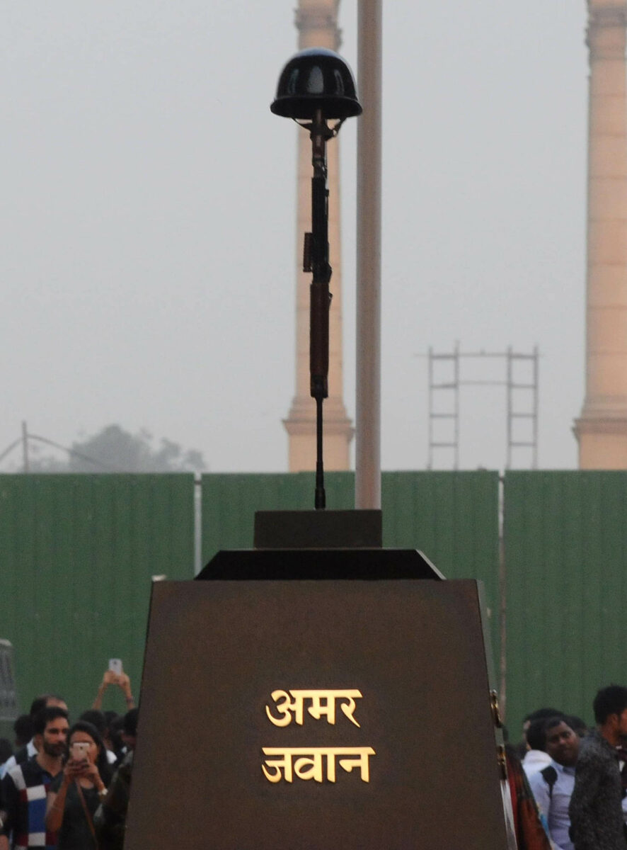 File photo of India Gate  without the iconic symbol honouring the fallen soldiers of 1971 war - an inverted rifle with a helmet on top, which was shifted on Friday, May 27, 2022